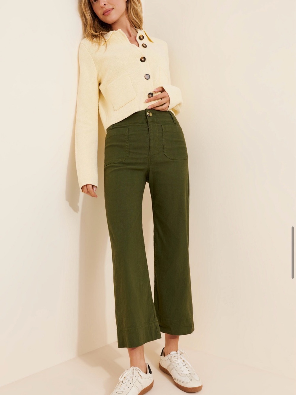 Maeve High-Rise Cropped Wide Leg Jeans in Olive